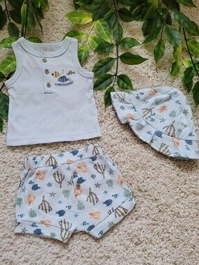 Baby Boy Ocean Themed Outfit + Sunhat (0-3 Months)
